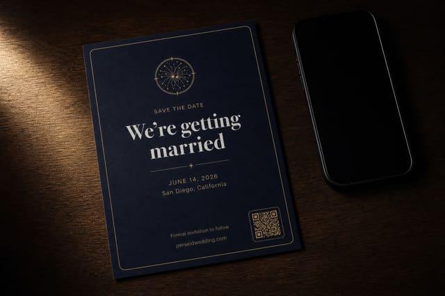 A save-the-date card on a dark table with a small QR code printed in the corner, a phone beside it.