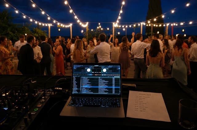 A DJ booth at an evening wedding reception, a printed running order beside the laptop, guests dancing under string lights.